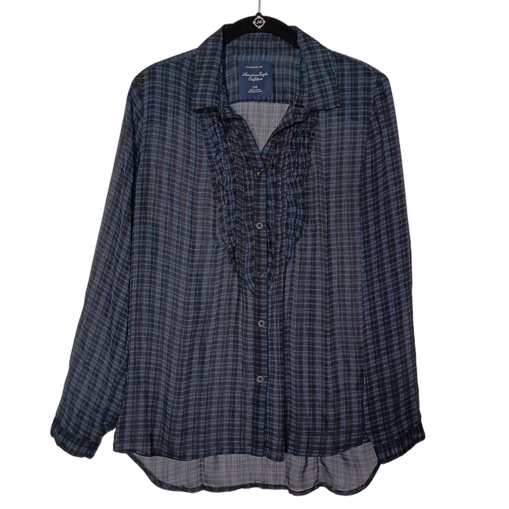 AMERICAN EAGLE OUTFITTERS Purple Blue Plaid Print Semi Sheer Favorite Fit Top L